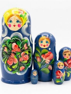 Five piece Hand-Painted Blue Russian Nesting Dolls (Matryoshka) - Floral Set